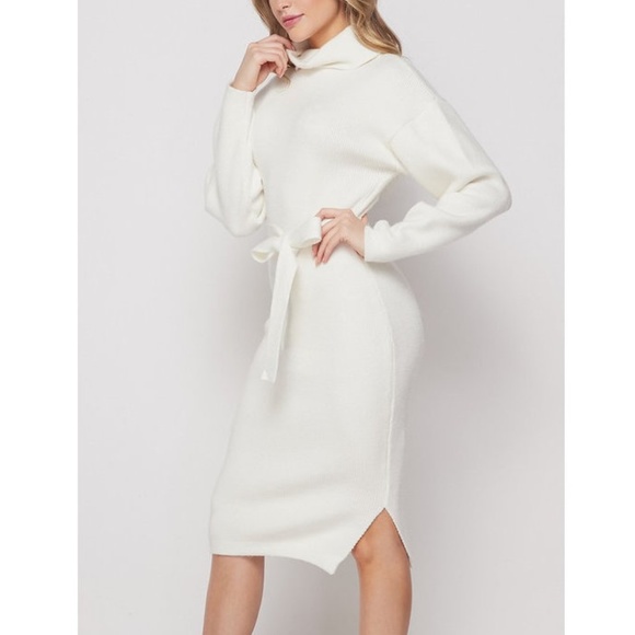 Ivory Turtleneck Belted Knit Sweater Dress - Picture 2 of 7